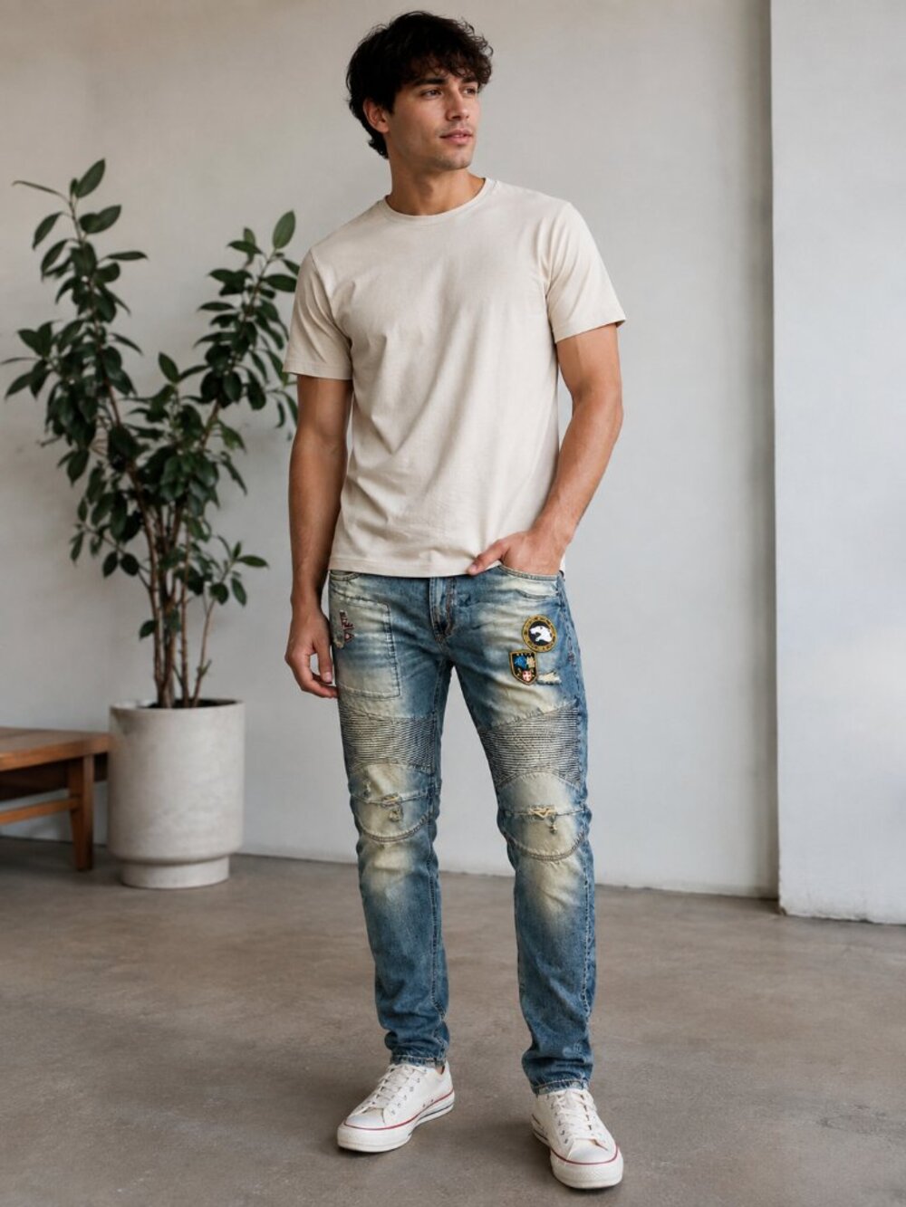 AKOO Men’s Distressed Moto Jeans Size 40 Patchwork Biker Denim